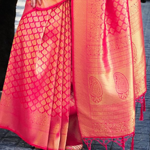 JHEAPS HOT PINK GOLD HANDLOOM SOFT SILK KANJIVARAM WOVEN  SILK SAREE - Picture 7 of 7